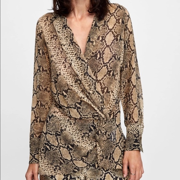 ZARA Semi Sheer Snake Print Draped Blouse - Picture 2 of 5